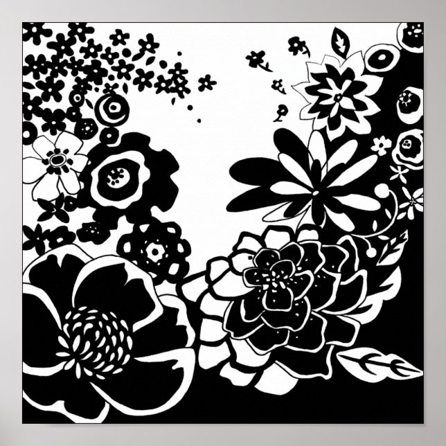 Svartvit Blommigt Garden Graphic Mönster Poster (Framsidan)