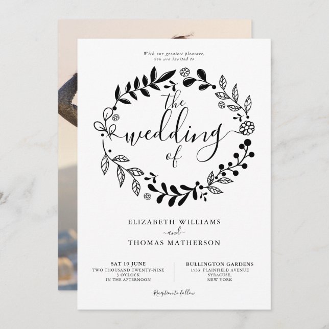 Svartvit Blommigt Garland Photo Bröllop Invit Inbjudningar (Fram/baksida)