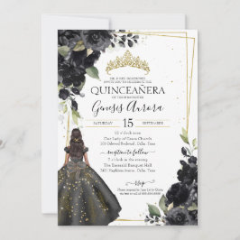 Svartvit Blommigt Guld accent Elegant Quinceanera Inbjudningar