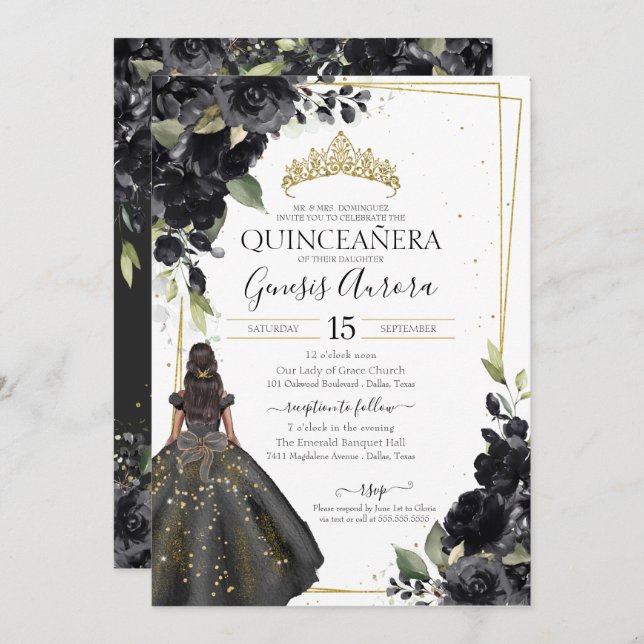 Svartvit Blommigt Guld accent Elegant Quinceanera Inbjudningar (Fram/baksida)