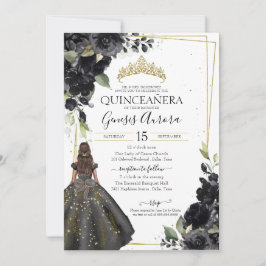 Svartvit Blommigt Guld accent Elegant Quinceanera Inbjudningar