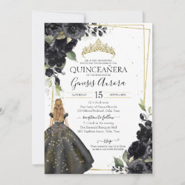 Svartvit Blommigt Guld accent Elegant Quinceanera Inbjudningar