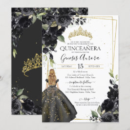 Svartvit Blommigt Guld accent Elegant Quinceanera Inbjudningar