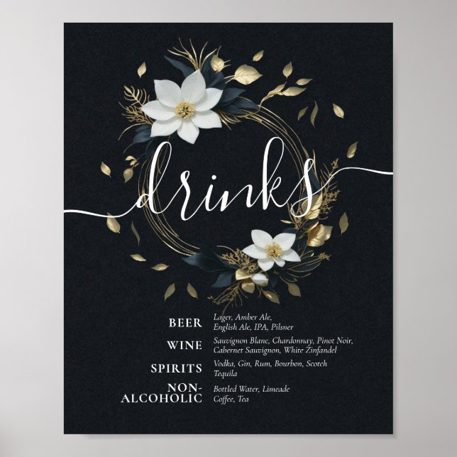 Svartvit Blommigt Guld Drinu-meny för andning Bröl Poster (Framsidan)