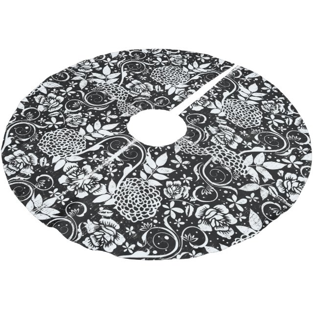 Svartvit Blommigt Julgran Skirt Julgransmatta Borstad Polyester (Vinklad)