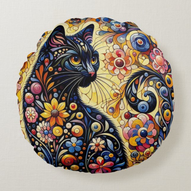Svartvit Blommigt Kattunge-Gult, svart, , blått Rund Kudde (Framsidan)