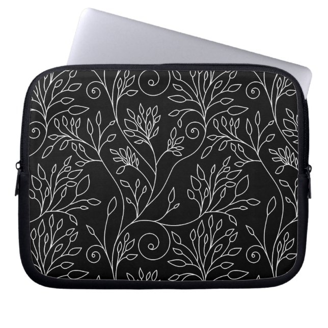 Svartvit blommigt Laptop sleeve (Framsidan)