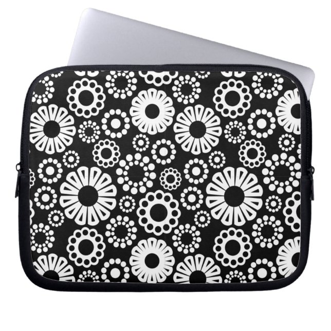 Svartvit blommigt Laptop sleeve (Framsidan)