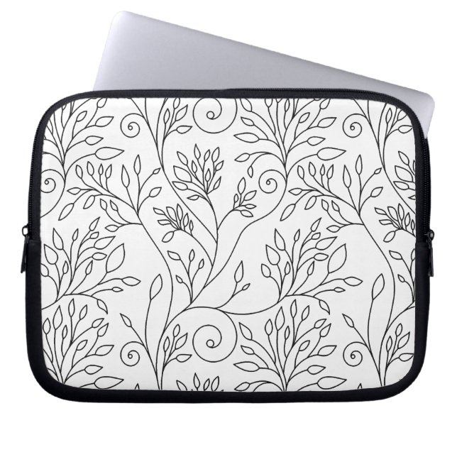 Svartvit blommigt Laptop sleeve (Framsidan)