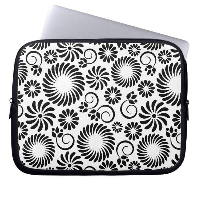 Svartvit blommigt Laptop sleeve (Framsidan)