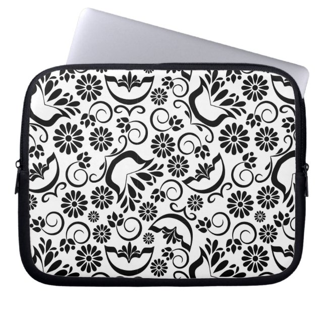 Svartvit blommigt Laptop sleeve (Framsidan)
