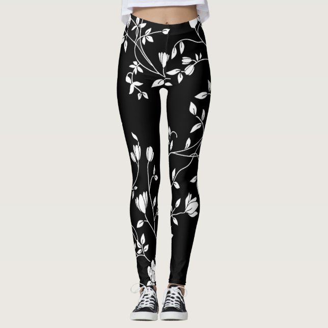 Svartvit Blommigt Leggings (Framsida)