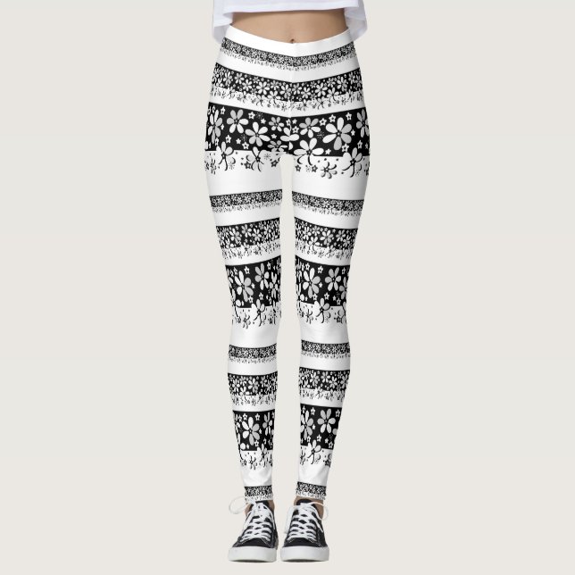 Svartvit blommigt leggings (Framsida)