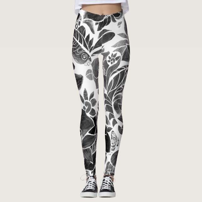 Svartvit blommigt leggings (Framsida)