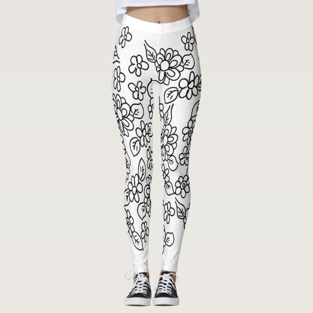 Svartvit blommigt leggings (Framsida)