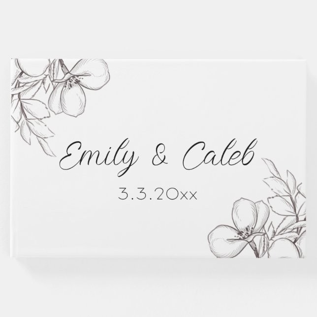 Svartvit Blommigt Line Art Bröllop Gästböcker (Framsida)
