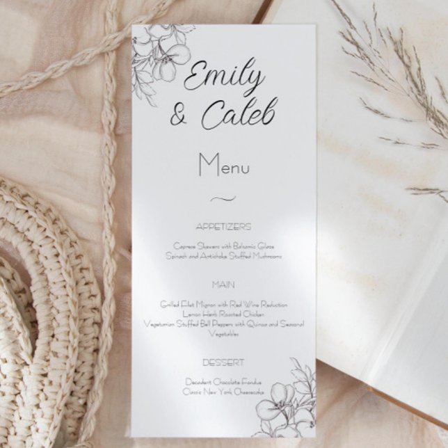 Svartvit Blommigt Line Art Bröllop Meny (black and white elegant floral menu card wedding script font)