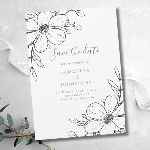 Svartvit Blommigt Line Teckning Bröllop Spara Datumet