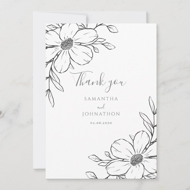 Svartvit Blommigt Line Teckning Bröllop Tack Kort (Framsida)