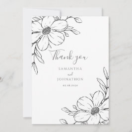 Svartvit Blommigt Line Teckning Bröllop Tack Kort