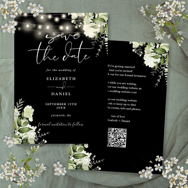 Svartvit Blommigt Ljus QR-kod Bröllop Spara Datumet (Black And White Floral Lights QR Code Wedding Save The Date)