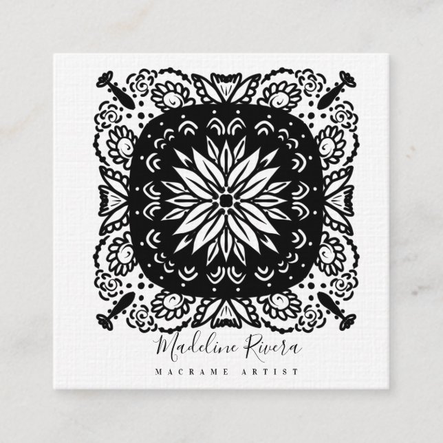 Svartvit Blommigt Mandala Yoga Fyrkantigt Visitkort (Framsida)