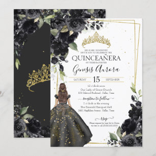 Svartvit Blommigt med Guld-accent Elegant Quincean Inbjudningar