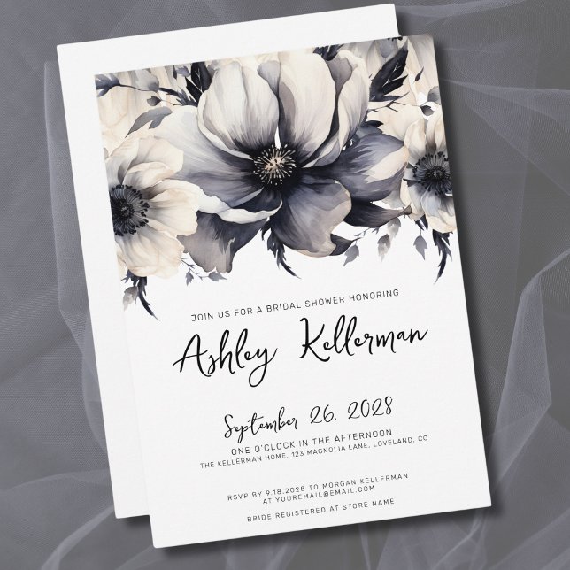 Svartvit Blommigt, Möhippa Inbjudningar (Elegant Modern Floral Black White Bridal Shower Invitation)