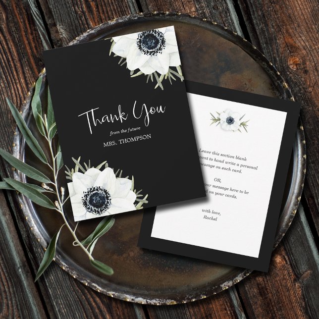 Svartvit Blommigt, Möhippa Tack Kort (Black and White Anemones Floral Flat Thank You Cards - 4.25" x 5.5")