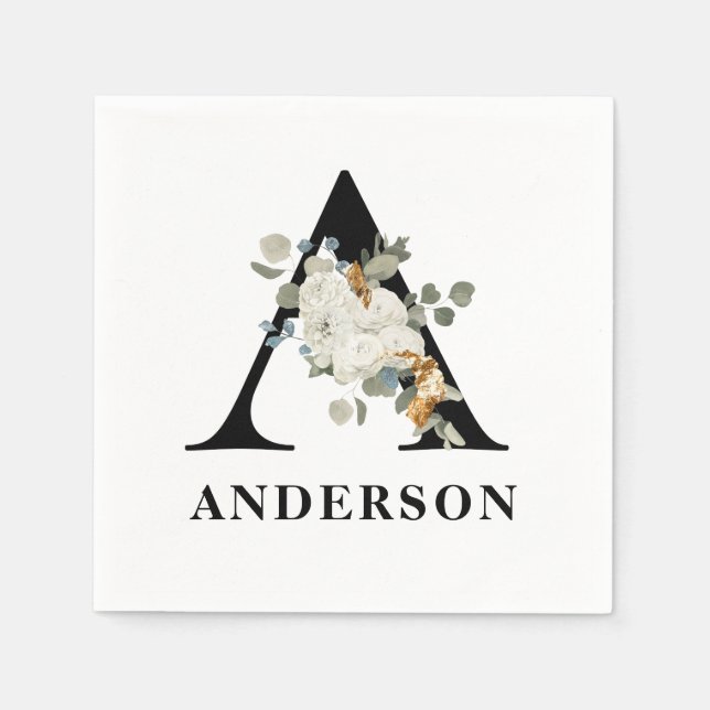 Svartvit Blommigt, Monogram A Pappersservett (Framsidan)