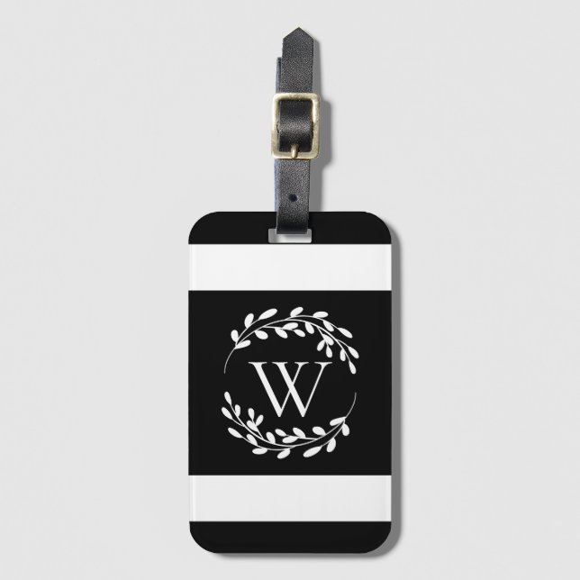 Svartvit Blommigt Monogram Bagagebricka (Framsida vertikal)