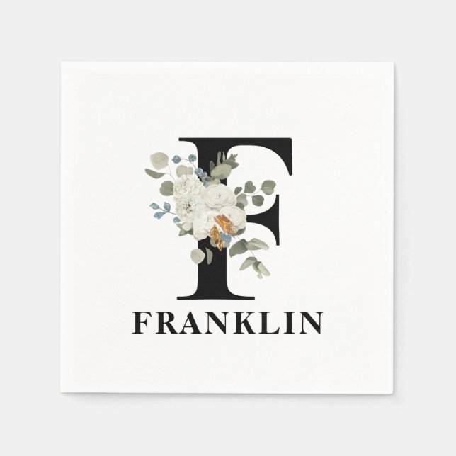 Svartvit Blommigt, Monogram F Pappersservett (Framsidan)