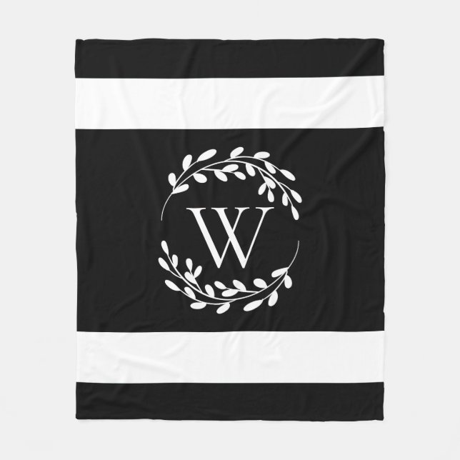 Svartvit Blommigt Monogram Fleecefilt (Framsidan)