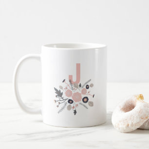 Svartvit Blommigt Monogram för botaniska blommor Kaffemugg