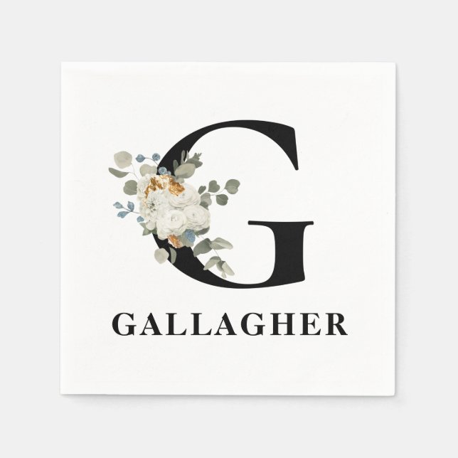 Svartvit Blommigt, Monogram G Pappersservett (Framsidan)
