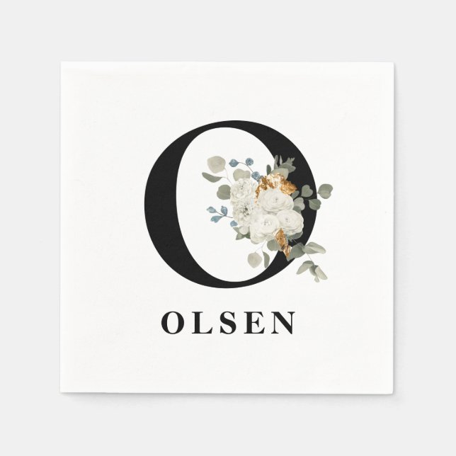 Svartvit Blommigt, Monogram O Pappersservett (Framsidan)