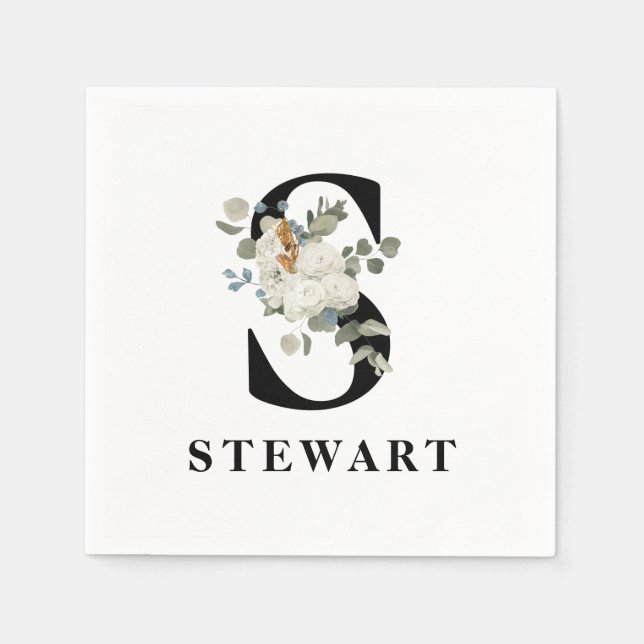 Svartvit Blommigt, Monogram S Pappersservett (Framsidan)