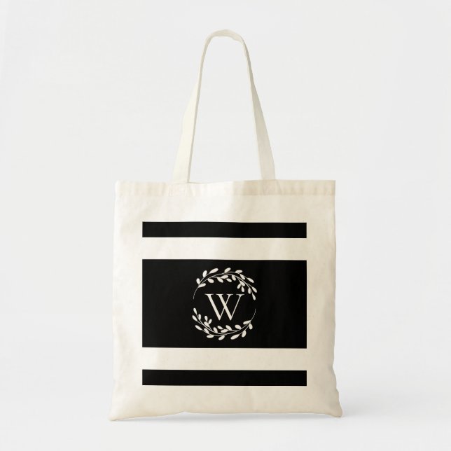 Svartvit Blommigt Monogram Tygkasse (Framsidan)