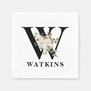 Svartvit Blommigt, Monogram W Pappersservett