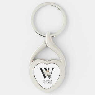 Svartvit Blommigt, Monogram W Twisted Heart Silverfärgad Nyckelring