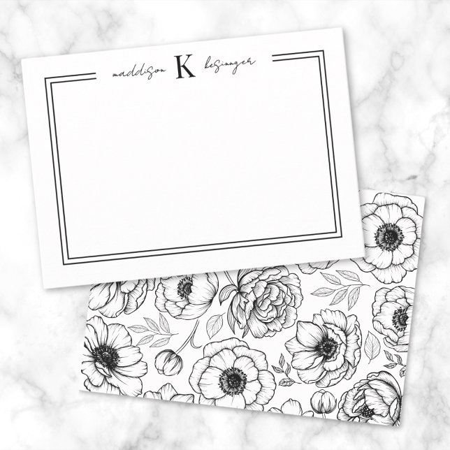 Svartvit Blommigt Namn Monogram Anteckningskort (Black White Floral Name Monogram Note Card )