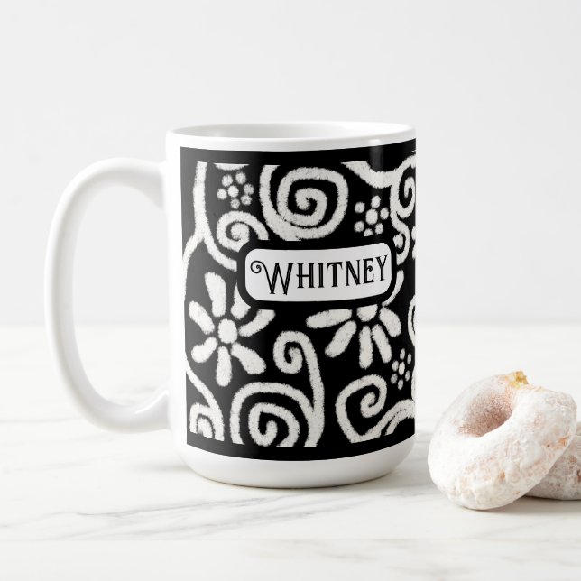 Svartvit Blommigt och Personlig för trådlös blomma Kaffemugg (Med munk)
