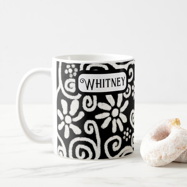 Svartvit Blommigt och Personlig för trådlös blomma Kaffemugg (Med munk)