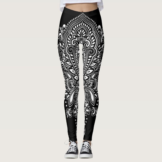 Svartvit Blommigt, ornament Leggings (Framsida)