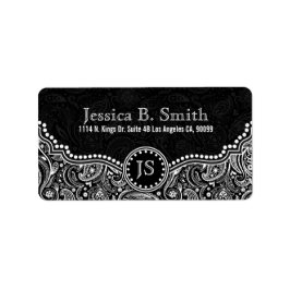 Svartvit Blommigt Paisley Mönster Adressetikett