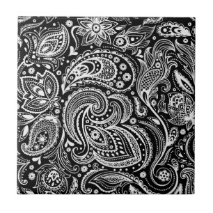 Svartvit Blommigt Paisley Mönster Kakelplatta