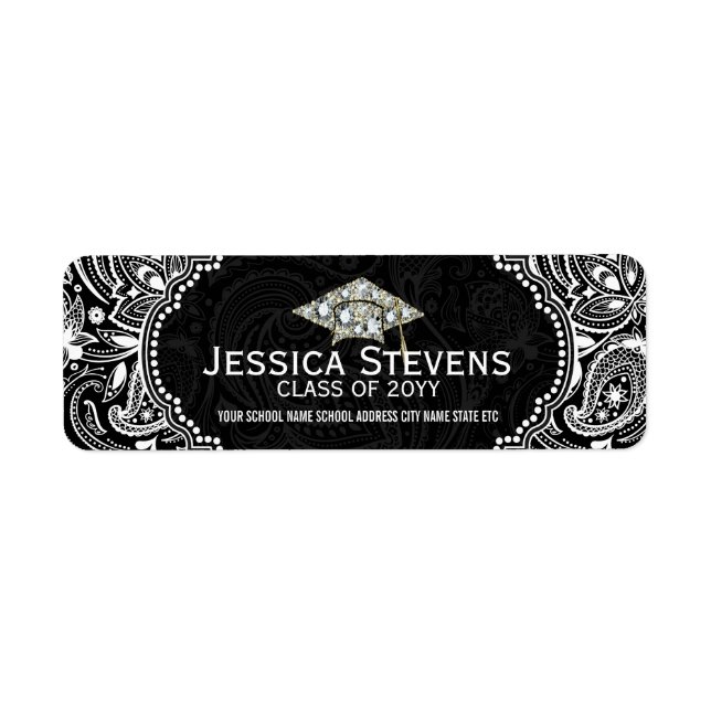 Svartvit Blommigt Paisley Studenten Hat 4 Returadress Etikett (Framsidan)