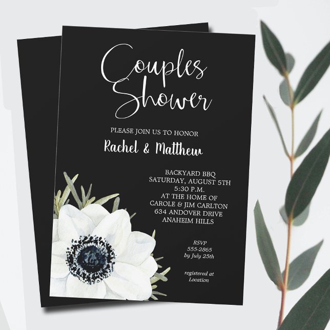 Svartvit Blommigt Par Möhippa Inbjudningar (Black and White Flowers Couples Wedding  Shower Invitations, INSTANT DOWNLOAD and/or PRINTED)