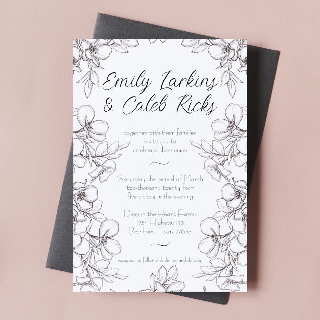 Svartvit Blommigt Ram Line Art Bröllop Inbjudningar (black and white line art floral border wedding invitation script cursive typography elegant design)