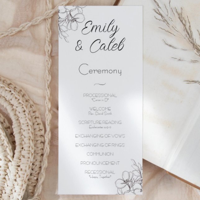 Svartvit Blommigt Ram Line Art Bröllop Program (black and white flowers drawn script writing wedding ceremony program)